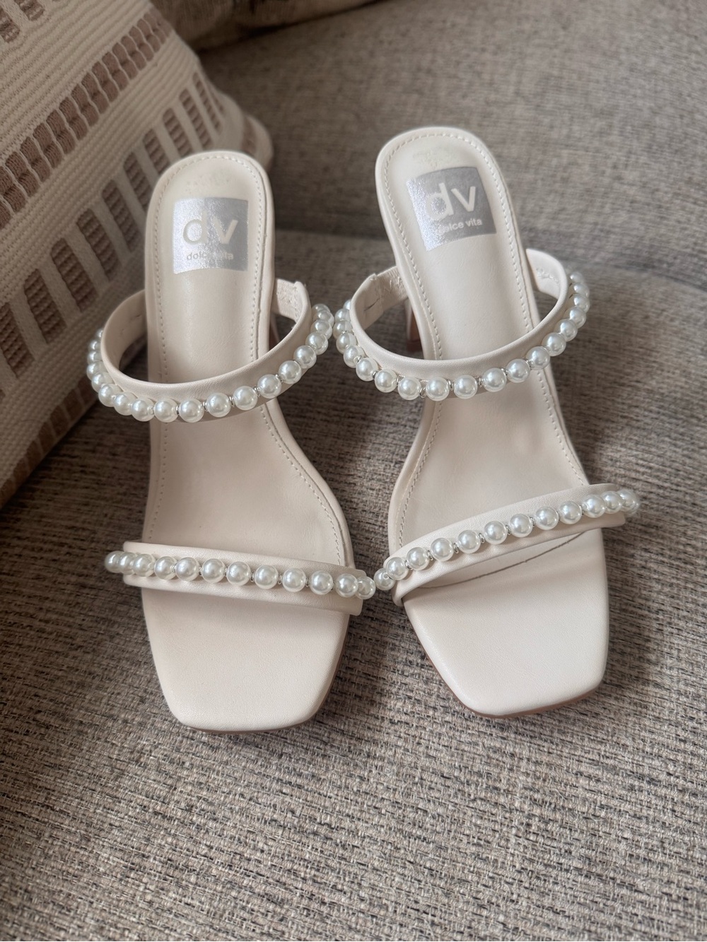 Dolce Vita Cream Pearl-Strap Slide Heels